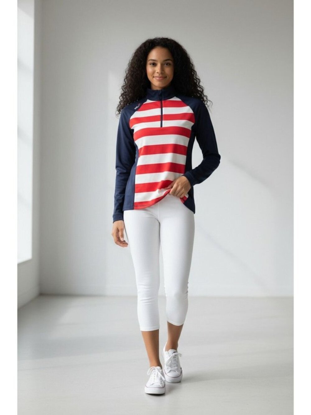 Ralph Lauren RLX Womens Red & White Striped Navy Quarter Zip Sz S stretch Shirt